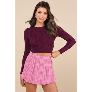 Lulus Adored Pose Pink Tweed Lurex Pleated High-rise Skort - Size L